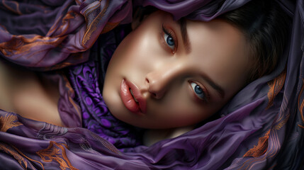 An enigmatic image with intricate silk fabrics in purple tones concealing an obscured face of a very beautiful blue eyed young woman - obrazy, fototapety, plakaty