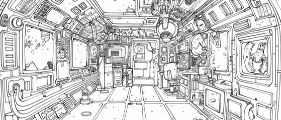 A bustling space station interior, with astronauts and aliens cohabiting In style of coloring book page style