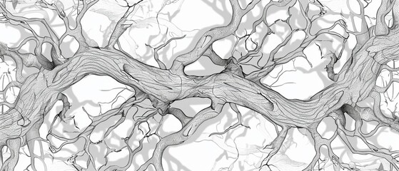 A complex network of tree roots and branches forming an abstract design In style of coloring book page style