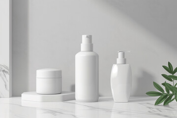 Fototapeta na wymiar Three white bottles of cosmetics on marble counter
