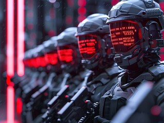 A group of soldiers in red helmets stand in a line. The helmets are lit up with red lights, giving the impression of a futuristic military force. The soldiers are all holding guns. - obrazy, fototapety, plakaty
