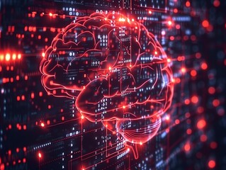 Digital brain illuminated by red neural networks on a binary code background symbolizing AI intelligence. - obrazy, fototapety, plakaty