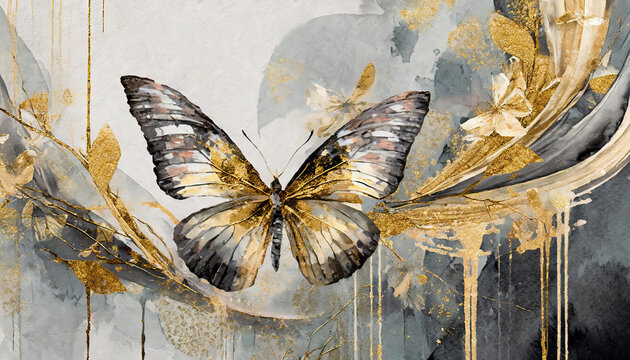 Watercolor painting of butterfly with gold splashes on abstract background.