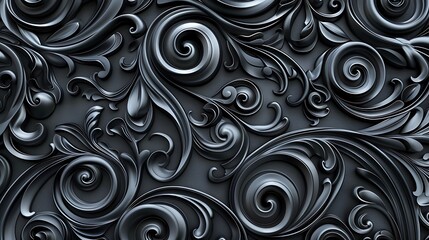 A pattern of swirling shapes and curves, creating an intricate design with dark grey tones