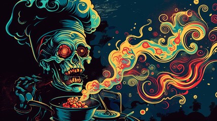 Ghostly chef haunting the kitchen, cooking up spooky delights In style of colorful grotesques, bold color, character design, perfect for classic tattoo motifs or design for t-shirt pattern - obrazy, fototapety, plakaty