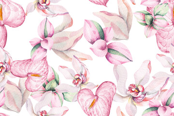 Seamless pattern of orchid and anthurium drawn with watercolor.Designed with floral pattern painted with watercolor.Orchid background.Tropical for natural style wallpaper.