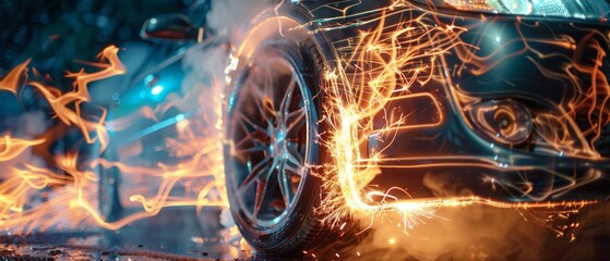 Dynamic fiery trails spiraling around a luxury car wheel and undercarriage on a futuristic roadway.