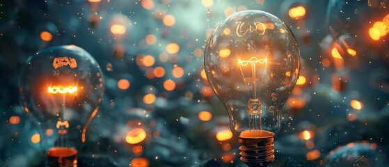 Illuminated vintage light bulbs suspended in mid-air with sparks in a dark bokeh background. - obrazy, fototapety, plakaty