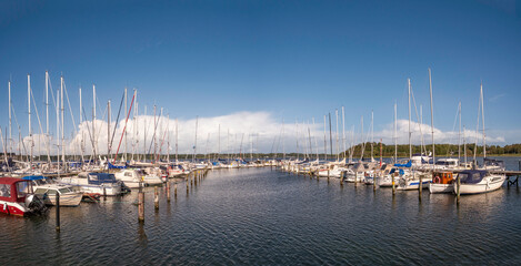 Sailboats in marina of Mariager along Mariager Fjord, Himmerland, Nordjylland, Denmark