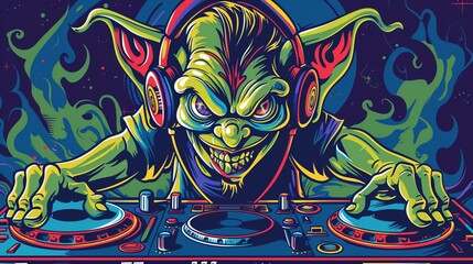 Mischievous goblin DJ spinning classic tunes, headphones on In style of colorful grotesques, bold color, character design, perfect for classic tattoo motifs or design for t-shirt pattern