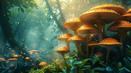 Mushroom caps forming a fairy ring in an enchanted, abstract forest