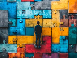 Man facing colorful puzzle wall, concept of problem solving and overcoming obstacles. - obrazy, fototapety, plakaty