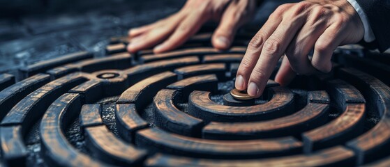 Solving labyrinth game with finger, metaphor for problem-solving and strategy. - obrazy, fototapety, plakaty