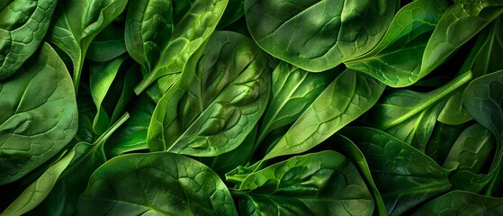 Fototapeta na wymiar Lush green spinach leaves, full frame fresh organic vegetable background.