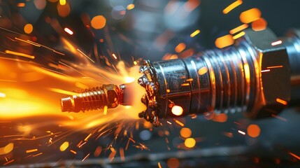 Sparks flying from a machine part in motion, industrial manufacturing process. - obrazy, fototapety, plakaty