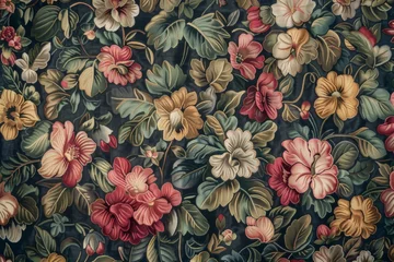 Fotobehang Medieval tapestries, where flowers woven from gold and silver threads bloom against a backdrop of rich, velvety colors, bringing the opulence of the past to life created with Generative AI Technology © Sentoriak