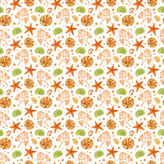 Seashells watercolor seamless pattern, sea background.