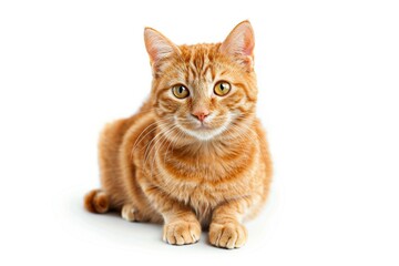 Fototapeta premium KS cute ginger cat sitting on the floor against a white.
