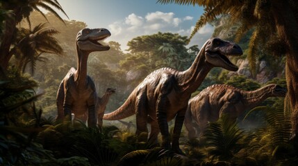 Sauropodomorpha dinosaurs in nature, forest. Historical extinct Animals living Many centuries before our era.