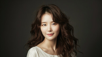 Retrato de una mujer coreana: alegre, tez radiante, ojos brillantes, cabello ondulado. Ella lleva una blusa blanca, fondo oscuro, toma a nivel de los ojos, iluminación de clave alta - obrazy, fototapety, plakaty