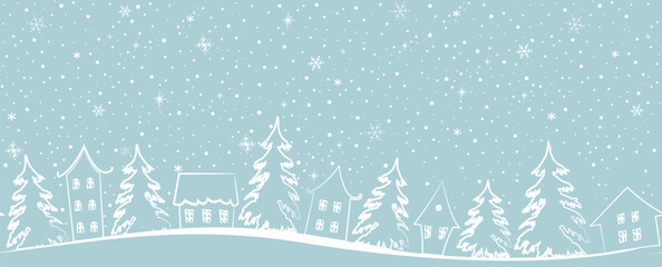 Winter village. Christmas background. Seamless border. Fairy tale winter landscape. White silhouettes of houses, fir trees, snowflakes on blue background. Vector illustration