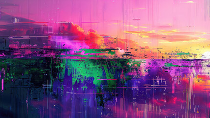 Obra de arte abstracta con efecto de error digital de pantalla glitch VHS, con colores verde y morado.






 - obrazy, fototapety, plakaty
