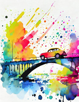Abstract watercolor background with car and bridge. Hand drawn illustration.