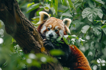 Red panda sitting on tree trunk
