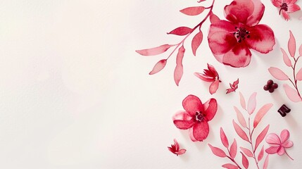 minimalist invitation with watercolor red and pink flowers, 5 x 7"
