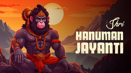 Jay Shri Ram,Happy Hanuman Jayanti, celebrates the birth of Lord Sri Hanuman. Happy Hanuman Jayanti Poster Design - obrazy, fototapety, plakaty