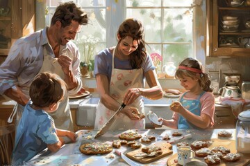 Overjoyed young family with little daughter doing bakery in kitchen together, happy parents enjoy weekend with small girl child baking biscuits pastries, making pie at home AIG42E - obrazy, fototapety, plakaty