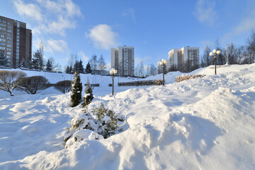 Cityscape with snowdrifts in Zelenograd in Moscow, Russia