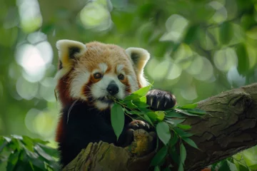 Poster Red panda sitting on tree trunk © ananda