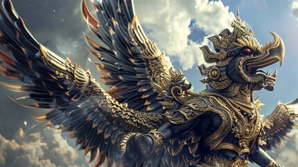 A black and gold Garuda in a powerful and dramatic posture against a stormy sky.