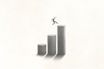 Illustration of big jump to reach the top of success, surreal motivational concept