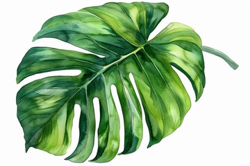 A Realistic watercolor illustration of a monstera leaf with detailed texture and shading.