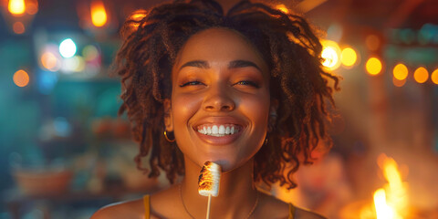 Portrait of an African American woman roasting marshmallows on a stick, laughs with delight as she watches them turn golden brown, the sweet scent filling the air with anticipation