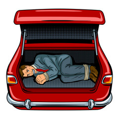Kidnapped man in the car trunk pop art PNG © Oleksandr Pokusai