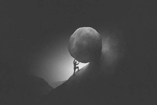 Illustration of strong man pushing big rock uphill, surreal concept