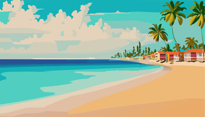 Fototapeta na wymiar Tropical beach with palm trees and hotels