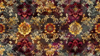 Fototapeta na wymiar Medieval tapestries, where flowers woven from gold and silver threads bloom against a backdrop of rich, velvety colors, bringing the opulence of the past to life created with Generative AI Technology