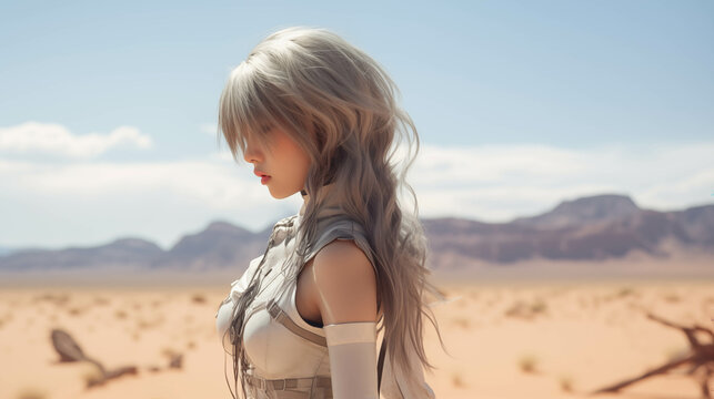 Fantasy image of a beautiful female character Fantasy anime style With the background being a desert area.
