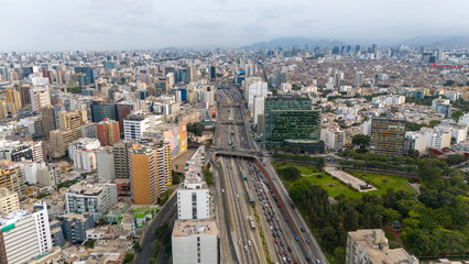 Aerial Drone view of Lima the capital city of Peru skyline, Mireflores Barranco morning traffic south america
