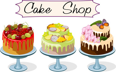 A set of cakes on dishes.Vector illustration with text and a set of beautiful cakes on the dishes.