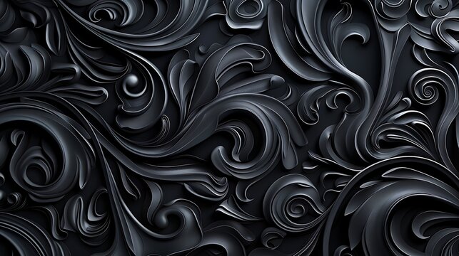 A pattern of swirling shapes and curves, creating an intricate design with dark grey tones