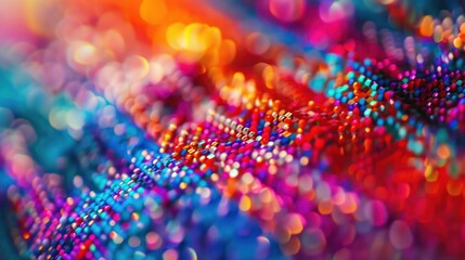 Vibrant close-up of colorful, sparkling bokeh lights with a rainbow gradient effect and soft-focus for a dreamy atmosphere.
