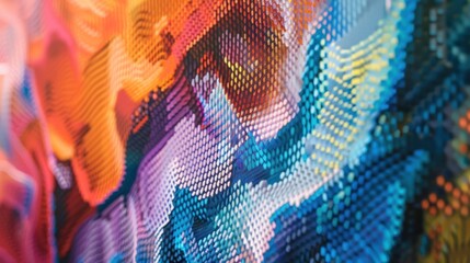 Colorful abstract mosaic or pixelated artwork with vibrant blue, orange, and purple hues creating a...