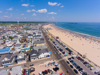 Hampton Beach aerial view including historic waterfront buildings on Ocean Boulevard and Hampton...