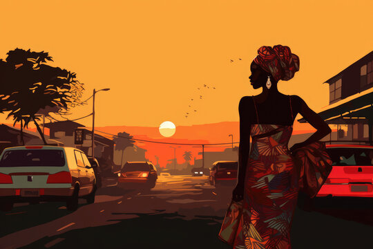 A woman in a colorful dress stands on a street in front of a sunset. The scene is set in a city with cars and a few birds flying in the sky. The woman is holding a handbag