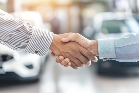 Two men shake hands in front of a car by AI generated image